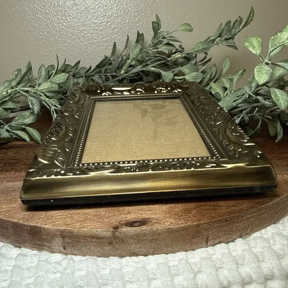 Vtg Ornate Gold Tone Metal Picture Frame Embossed Floral Scroll 4.5 x 3.25 in